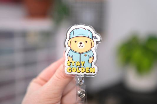 Custom Stay Golden Nurse Badge Reel, Dog Nursing Badge Reel